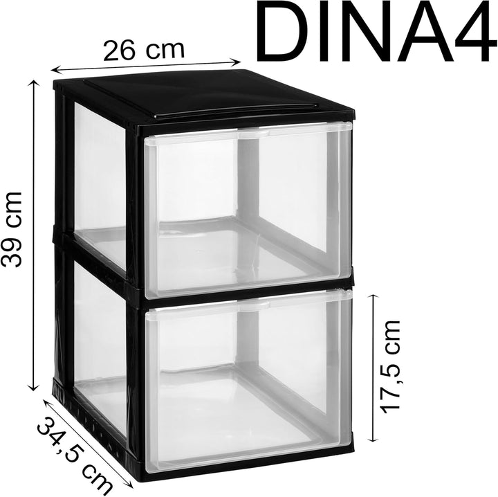 Hummelladen Schubladenbox DIN A4 mit 2 hohen Schubladen 34,5x26x39 cm - schwarz-transparent Kunststo