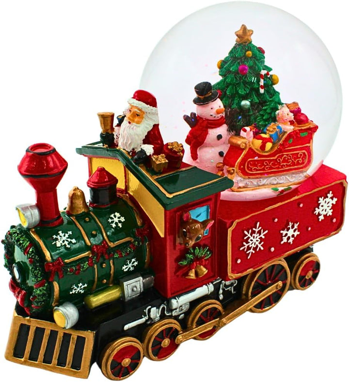 Schneekugel als Lokomotive mit Spielwerk, Schneemann, Weihnachtsmann und Tannenbaum, Sockel als Lok,