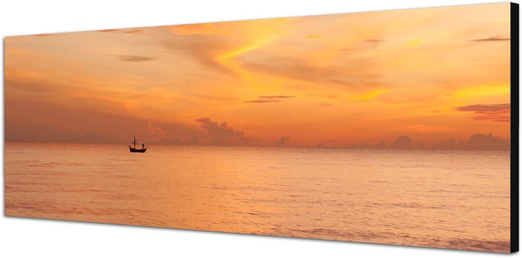 Paul Sinus Art Panoramabild auf Leinwand und Keilrahmen 150x50cm Meer Fischerboot Sonnenaufgang