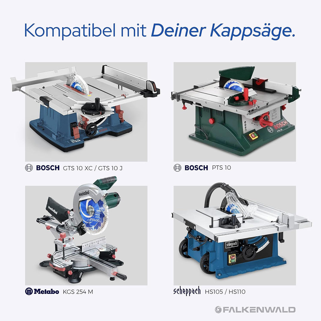 FALKENWALD ® Sägeblatt 250x30 Holz - Feiner Schnitt dank 80 HM Zähne - Kompatibel mit Bosch GTS 10 X