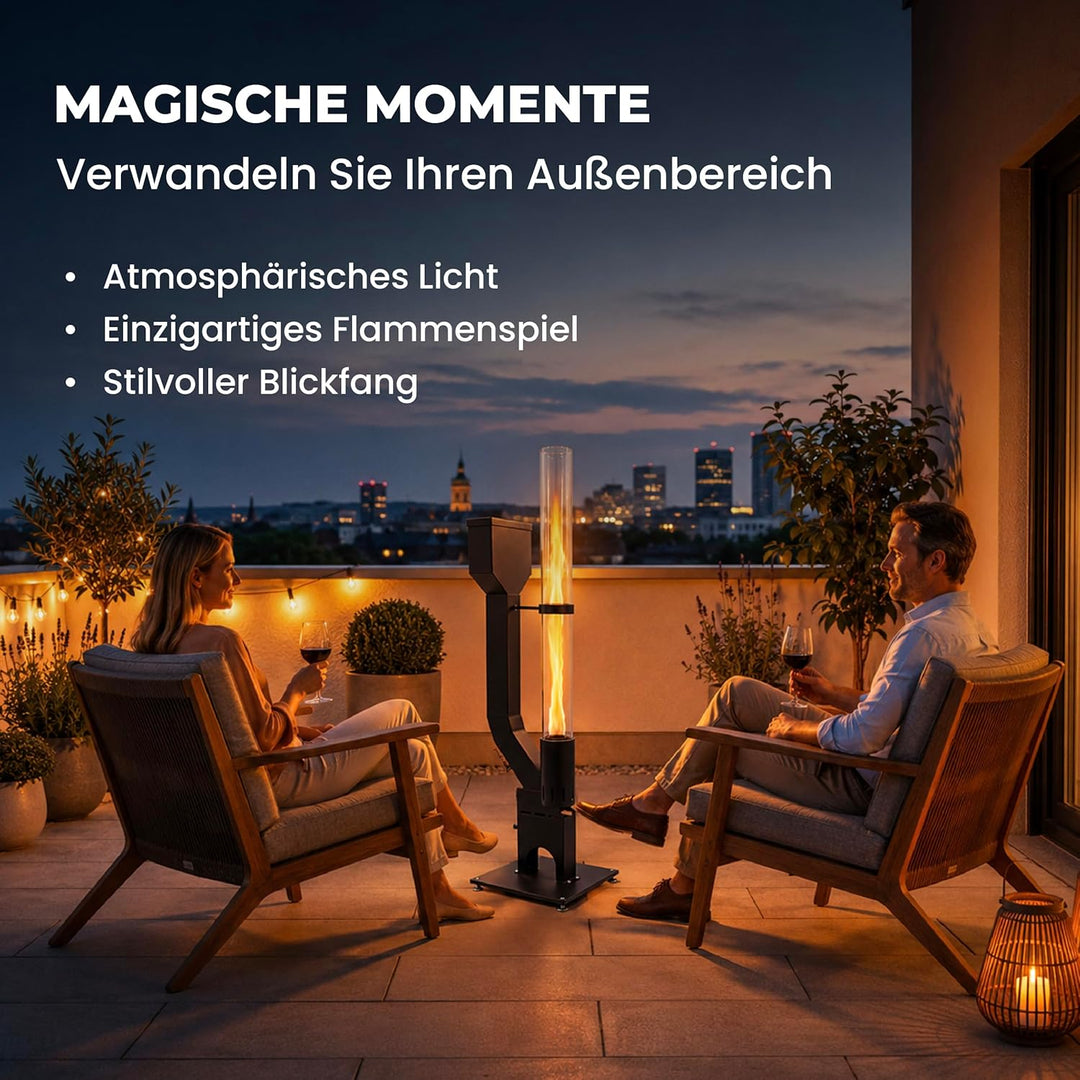Lemodo Pelletfackel Prime XL, Feuersäule Outdoor mit Glasröhre, für Garten & Terrasse, für Holzpelle