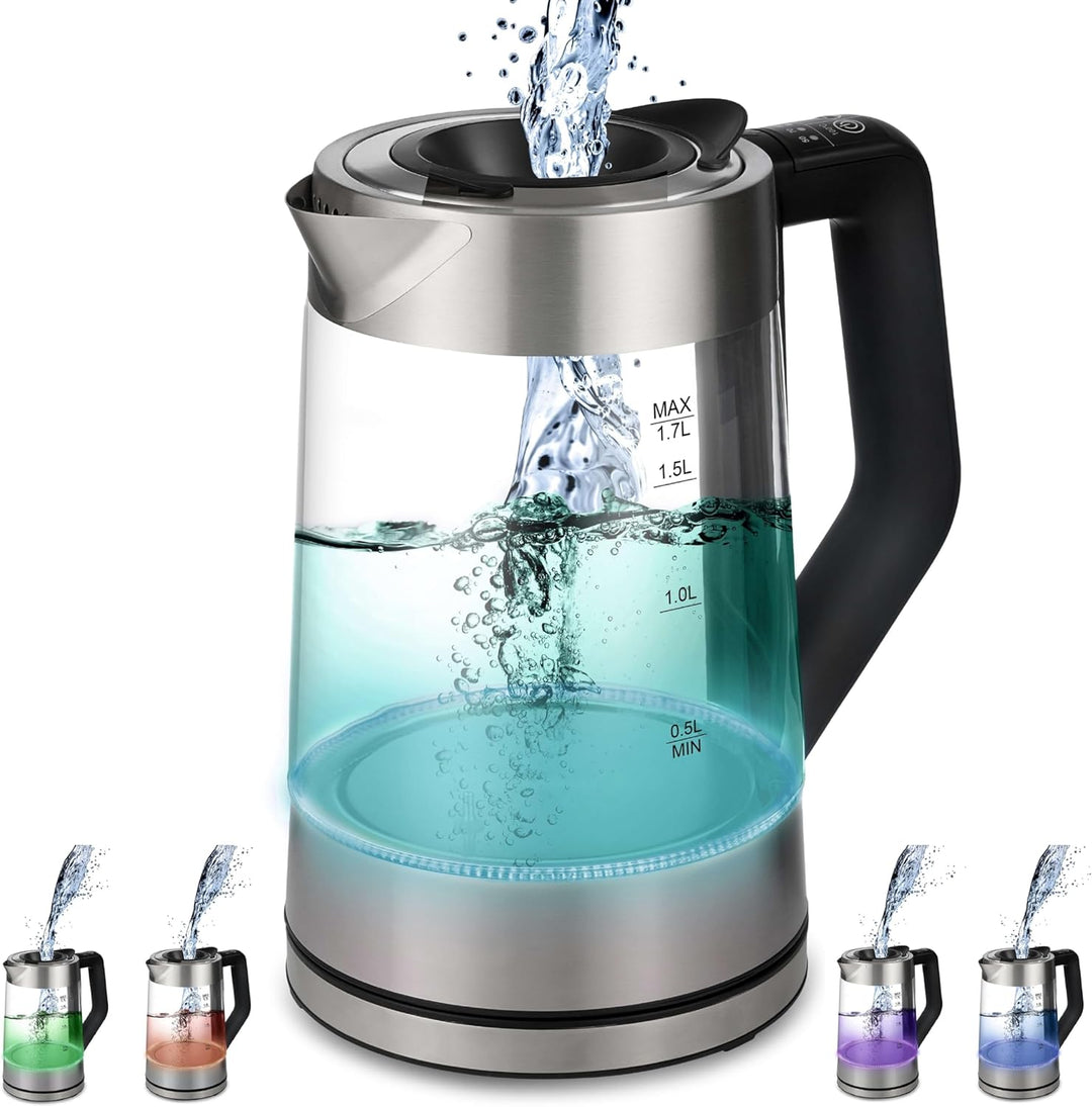 Glas Wasserkocher 1,7 Liter | 2200 Watt | Edelstahl mit Temperaturwahl | Teekocher | 100% BPA FREI |