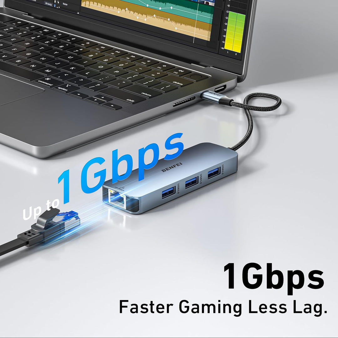 BENFEI 6in1 USB C HUB mit HDMI 4K@60Hz/ Gigabit Ethernet/100W PD Stromversorgung/3*USB A 5Gbps [Sili