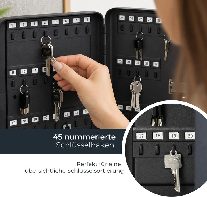 HMF 14500-02 Schlüsselkasten mit Zahlencode | 45 Haken | 30 x 24 x 7,5 cm | Schwarz, 30 x 24 x 7,5 c