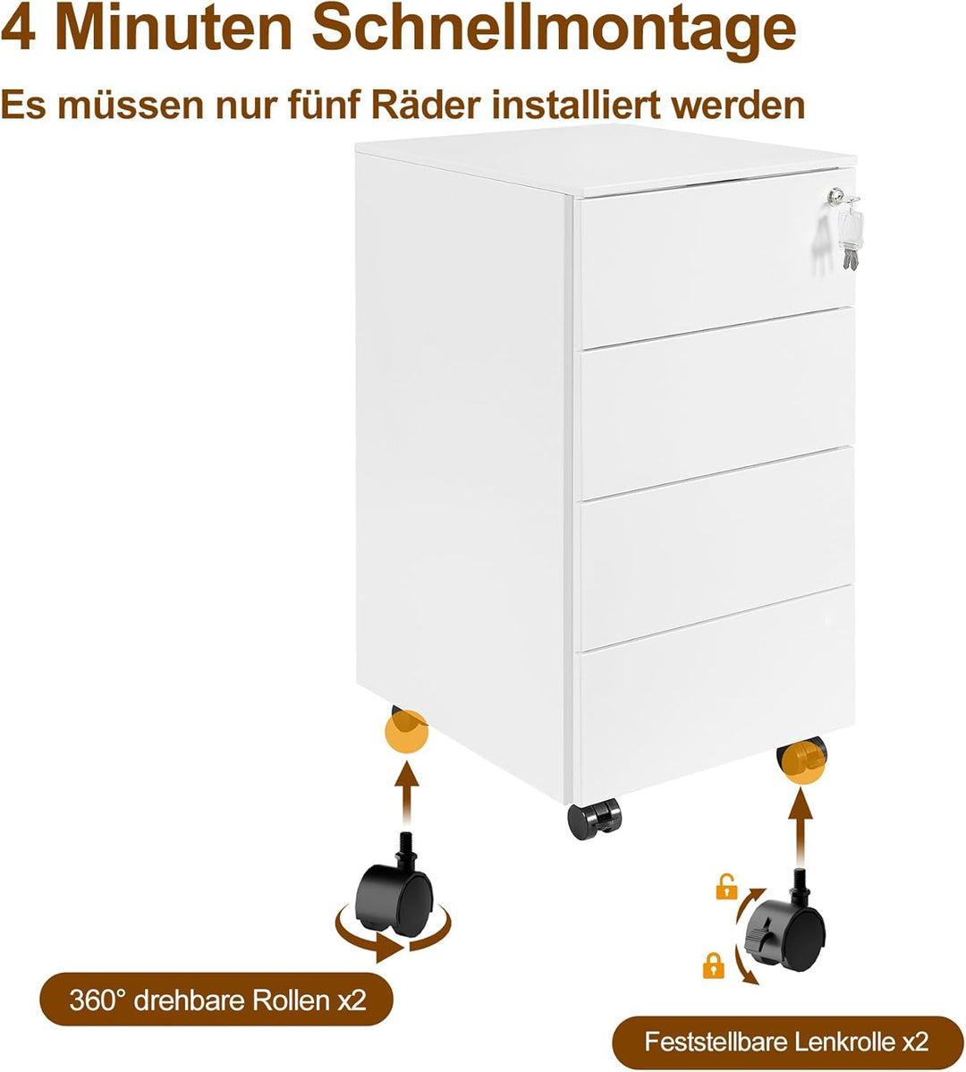 Rollcontainer, Mobiler Aktenschrank mit Schloss, 4 Schlüssel, 4 Schubladen, Metallschrank, Bereits V
