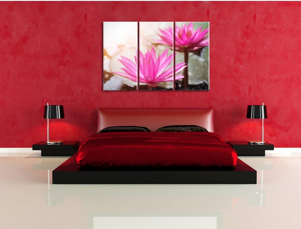 Pixxprint Lilafarbene Wasserlilie Kunst Buntstift Effekt 3-Teiler Leinwandbild 120x80 Bild auf Leinw