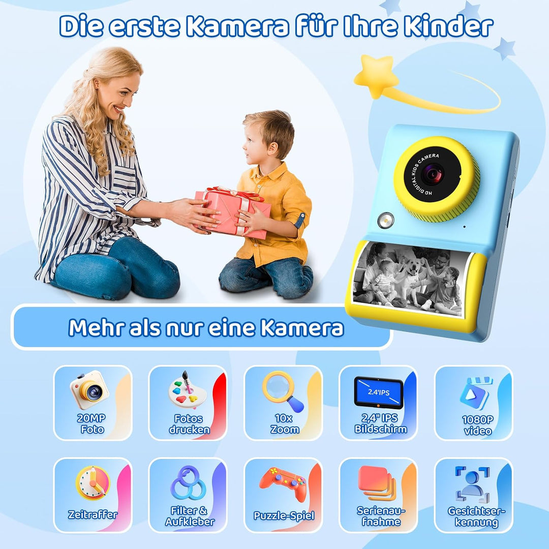 uleway Kinderkamera Sofortbildkamera, 2,4 Zoll Bildschirm Kinder Kamera mit 32G Karte und Fotopapier