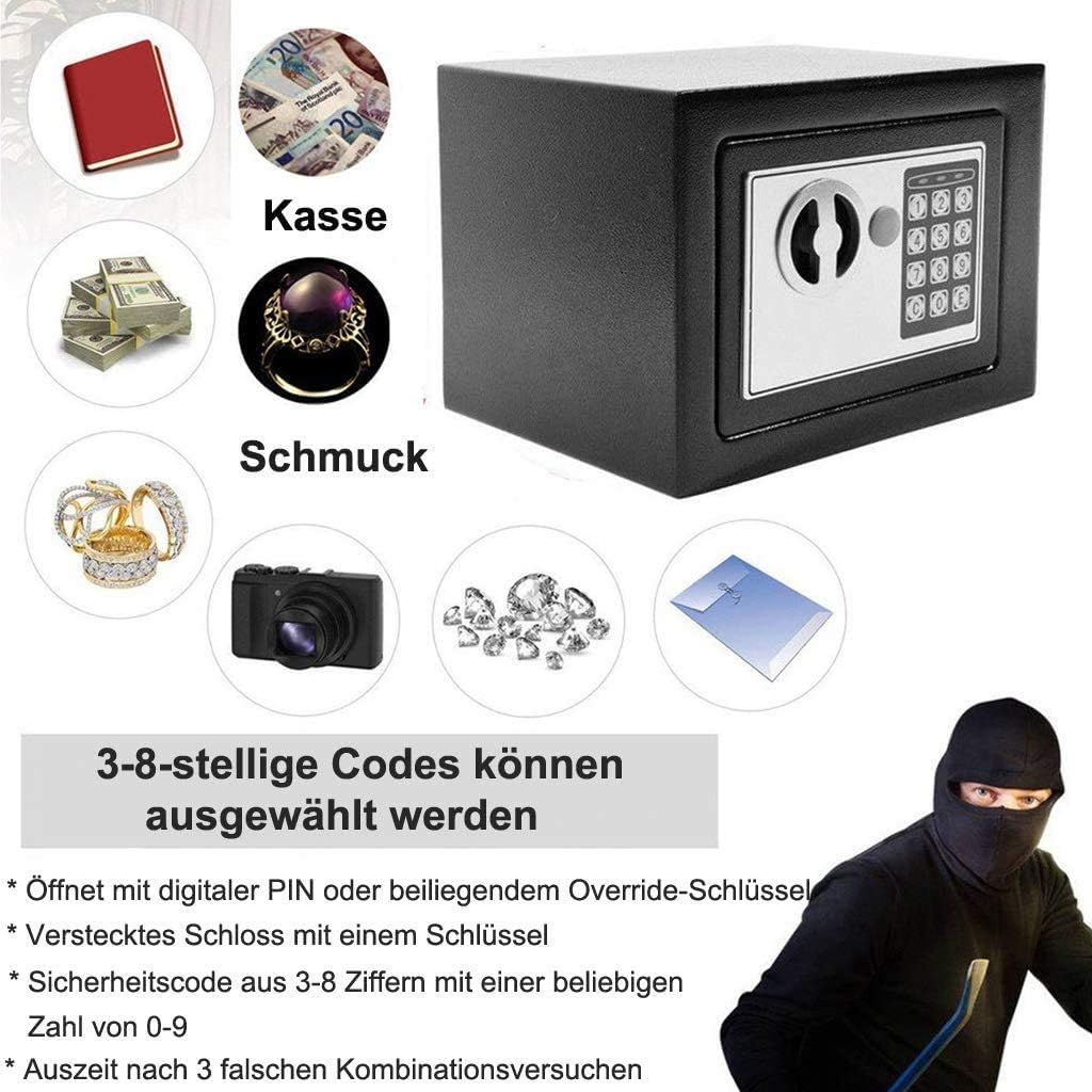 Elektronik Tresor Safe mit Zahlenschloss - Tresor mit Schlüssel und Codeschloss Sicherheitsbox wasse