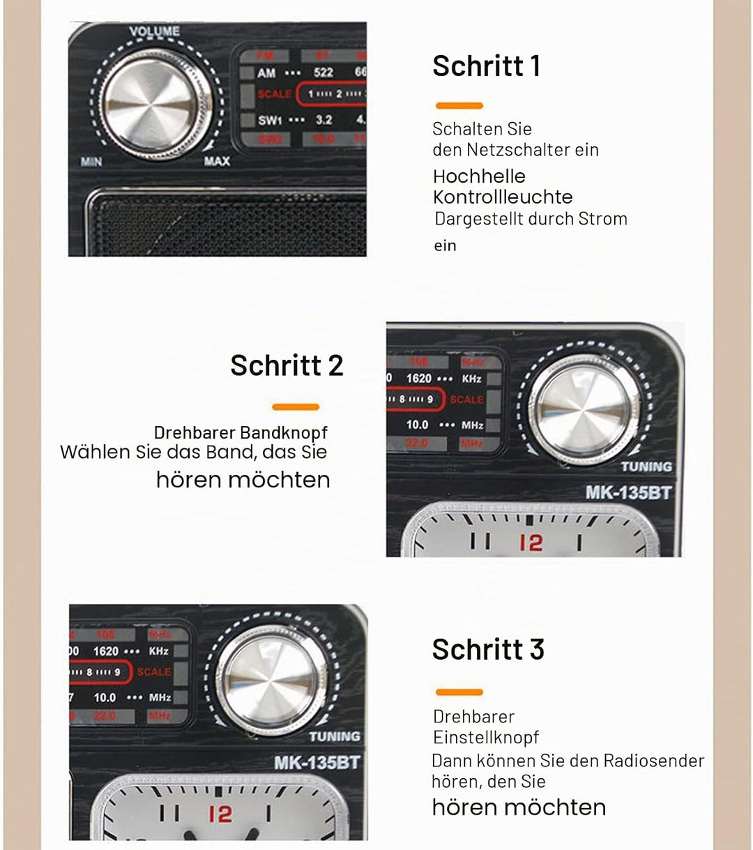 AM FM SW Bandradio, Kleines Retro Vintage Radio mit Lichtuhr, Bluetooth Lautsprecher, Kopfhöreransch
