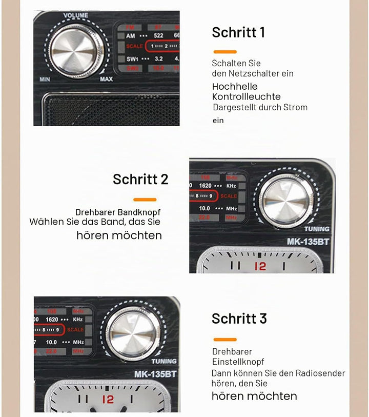 AM FM SW Bandradio, Kleines Retro Vintage Radio mit Lichtuhr, Bluetooth Lautsprecher, Kopfhöreransch