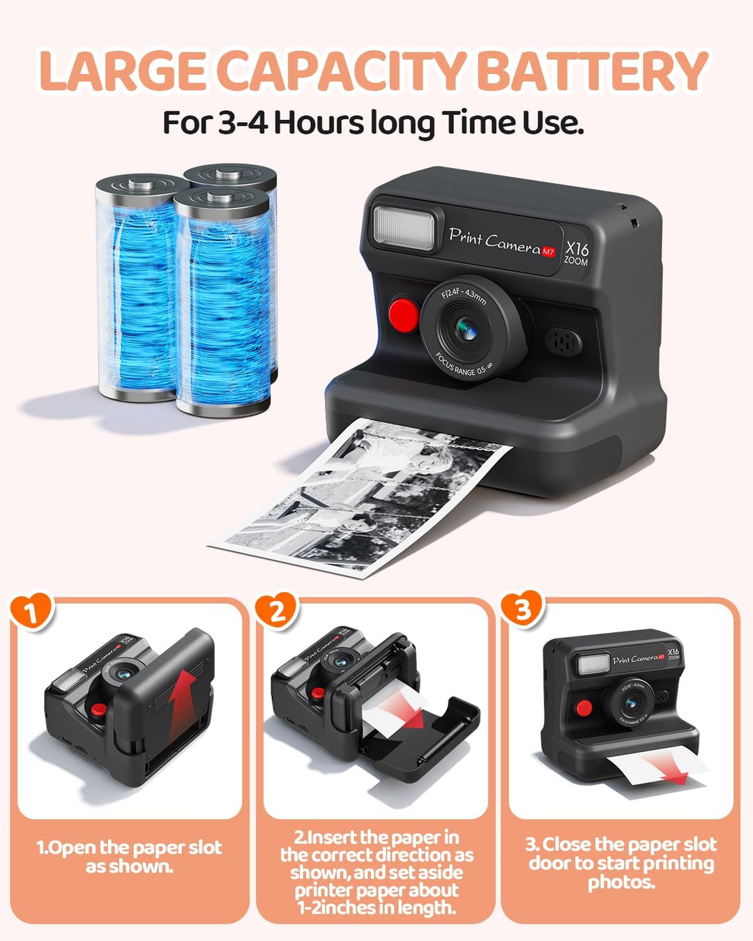 CalineGam Kinderkamera Sofortbildkamera, 1080P HD Sofortbildkamera Kinder mit 32 GB Karte und 3 Papi