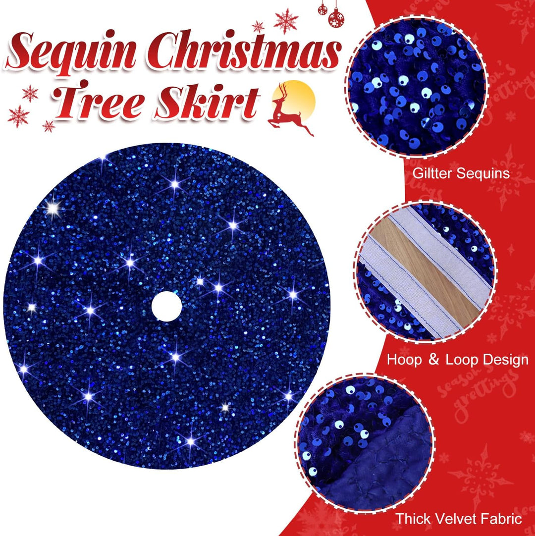 FOTSHARER Blue Sequin Christmas Tree Skirt 36 Inches Velvet Round Tree Skirt Sparkly Sequins Xmas Tr