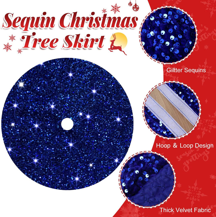 FOTSHARER Blue Sequin Christmas Tree Skirt 36 Inches Velvet Round Tree Skirt Sparkly Sequins Xmas Tr