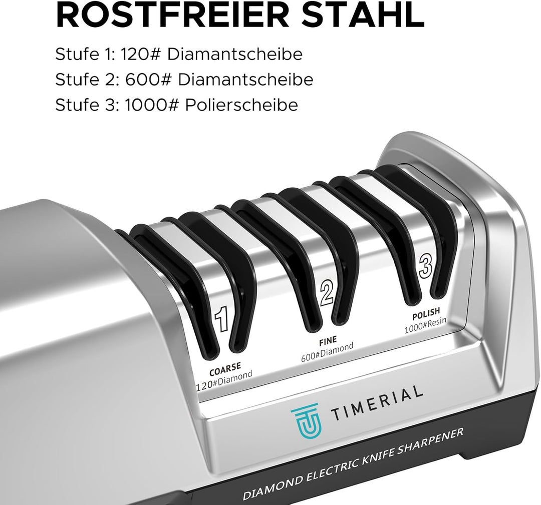 TIMERIAL Elektrischer Messerschärfer mit Diamant, Professionelle 3 Stufen Küchenmesserschärfung Präz