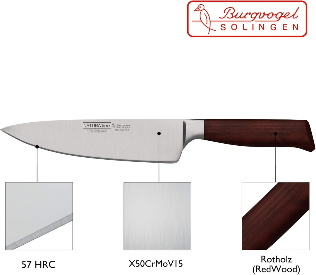 Burgvogel Solingen Natura Line, 20 cm Kochmesser Holzgriff, rot satiniert, geschmiedet, sehr scharfe