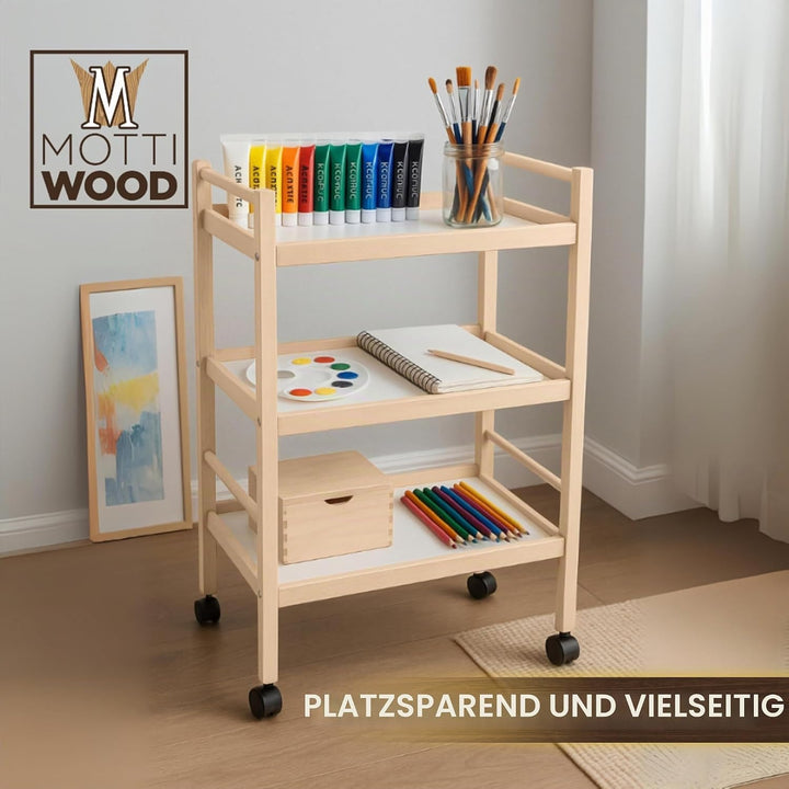 Mehrzweckwagen, 3 Ablagen, 100% Buchenholz, 28 x 40 x 64,5 cm, mit Rollen