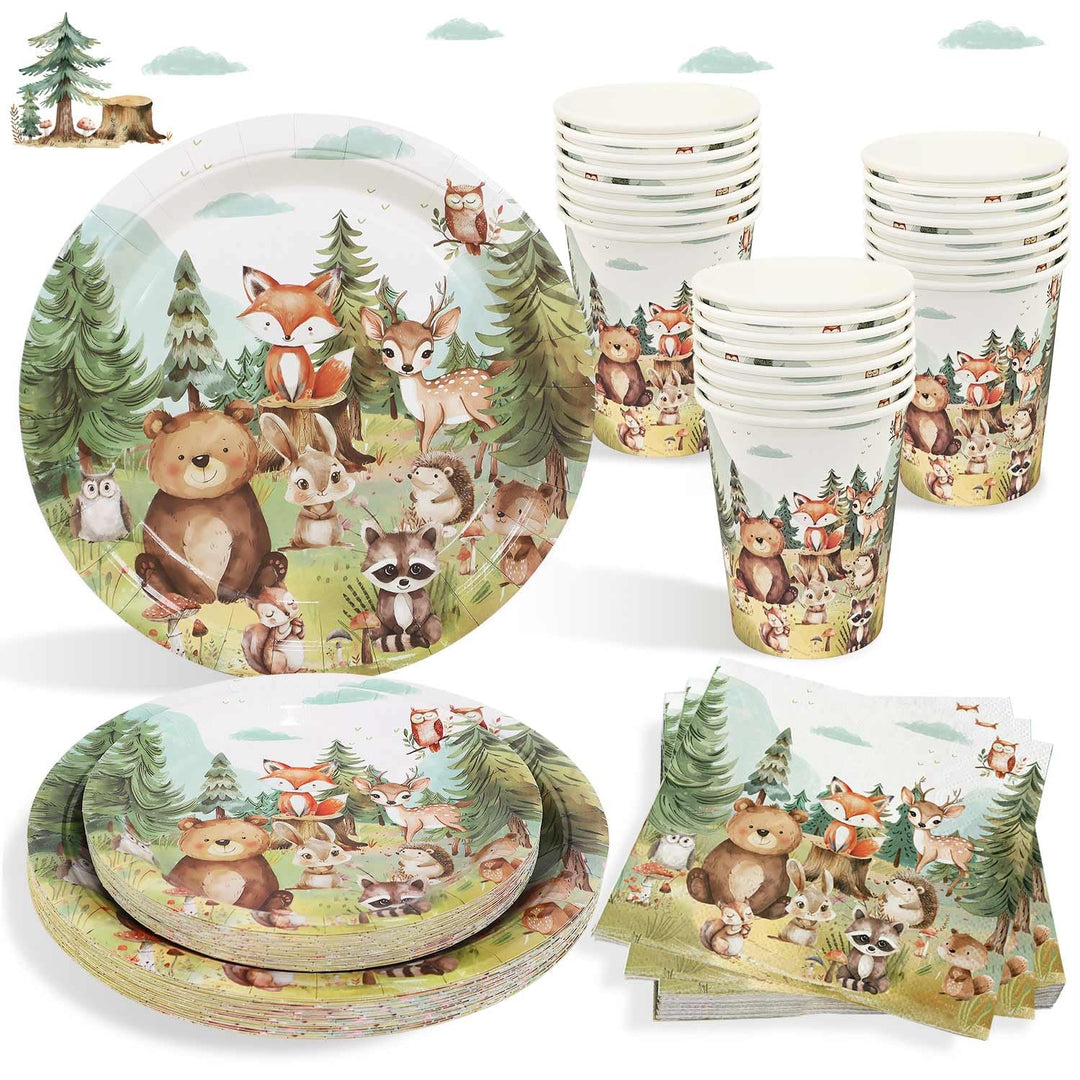 Waldtiere Geburtstag Deko Pappteller Set, 100pcs wiederverwendbare Pappteller Kindergeburtstag Pappb