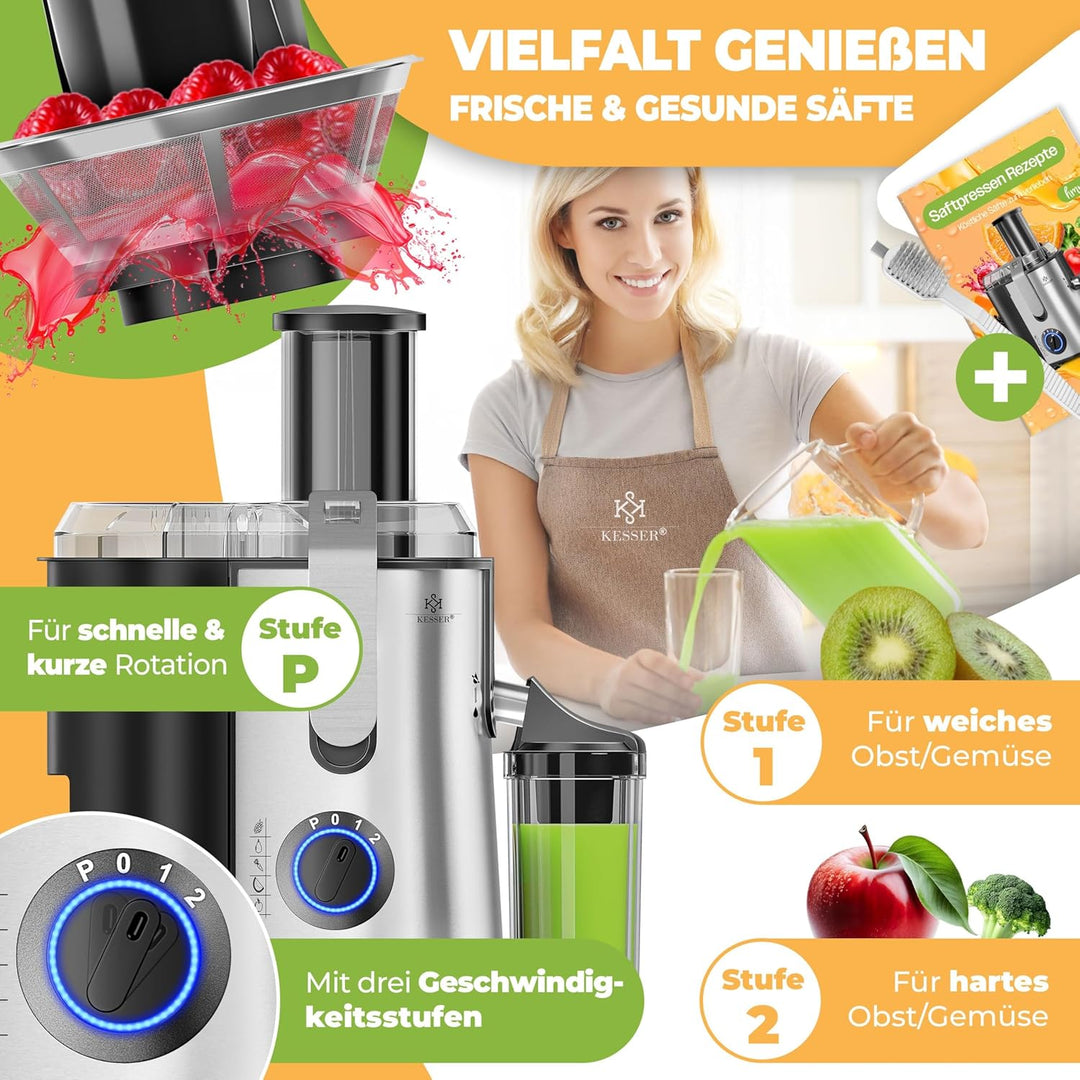 KESSER® Entsafter für Obst und Gemüse aus Edelstahl 1100W grosse 85 mm Einfüllöffnung inkl. Reinigun