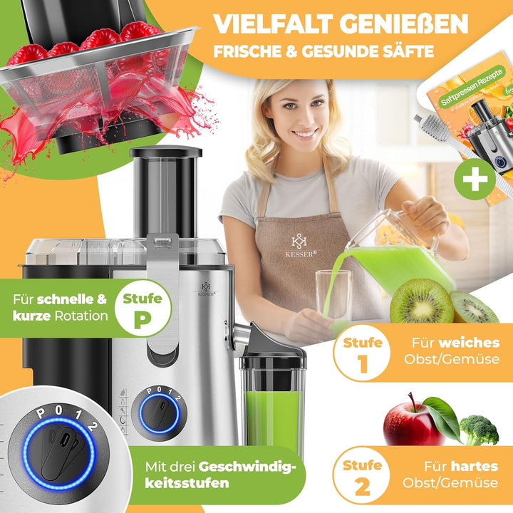 KESSER® Entsafter für Obst und Gemüse aus Edelstahl 1100W grosse 85 mm Einfüllöffnung inkl. Reinigun