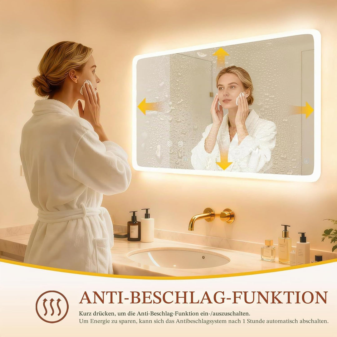 Clevich Badspiegel mit Beleuchtung 100×60 cm, LED Spiegel mit 3 Lichtfarben dimmbar, gehärtetes Glas