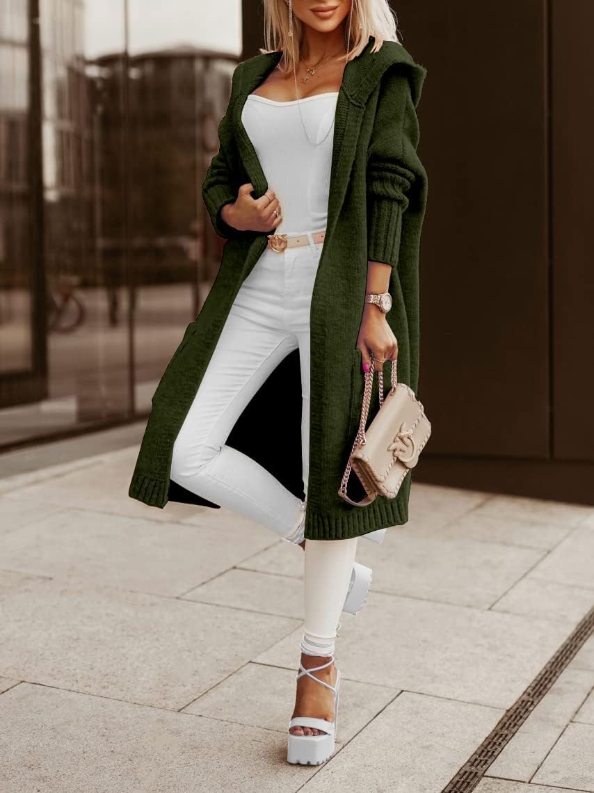 Tongmingyun Strickjacke Damen Lang Cardigan mit Kapuze Winter Grobstrickjacke Casual Lose Strickmant