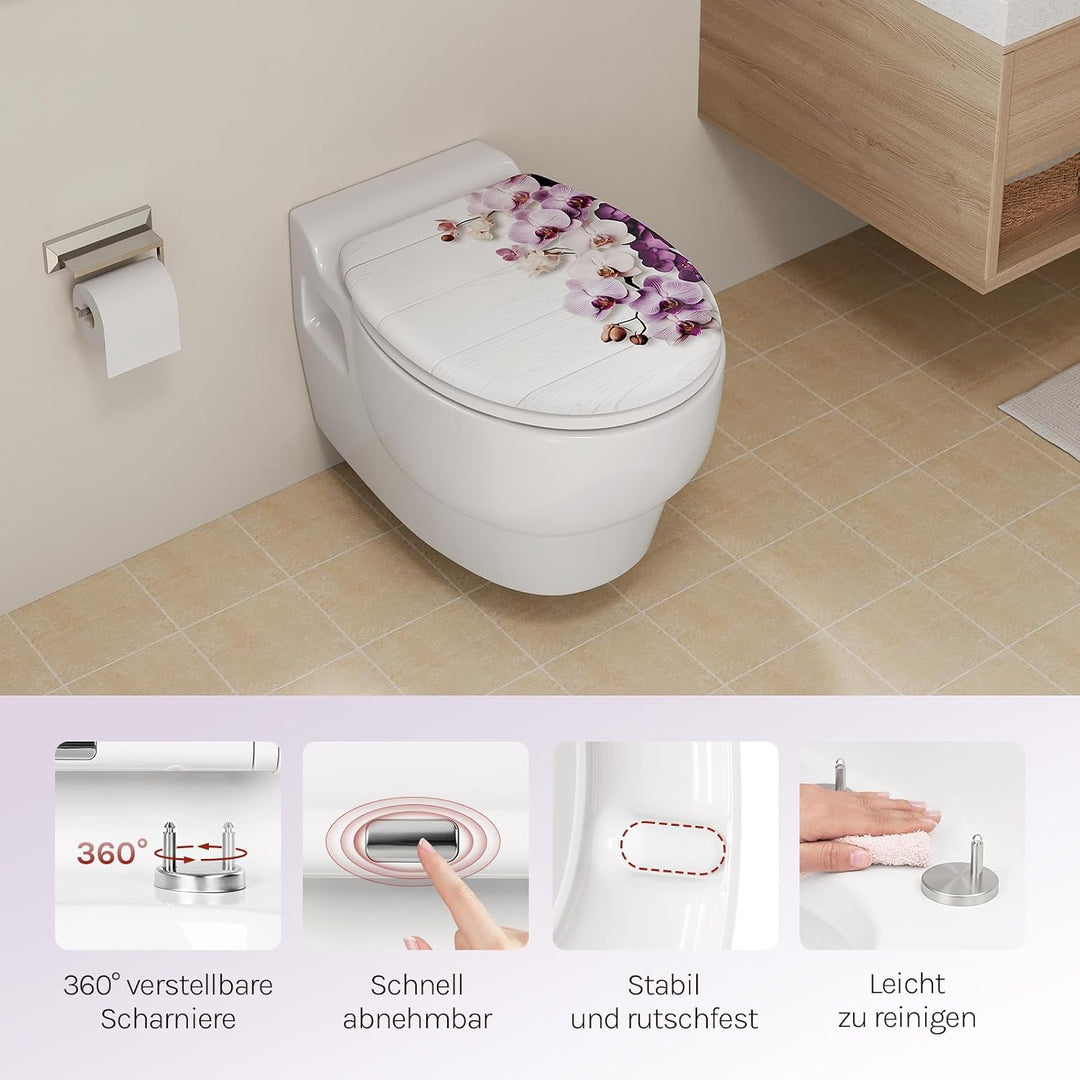 WOLTU WC Sitz mit Absenkautomatik, Toilettendeckel O-Form aus Duroplast Schmetterlingsorchidee, Schm
