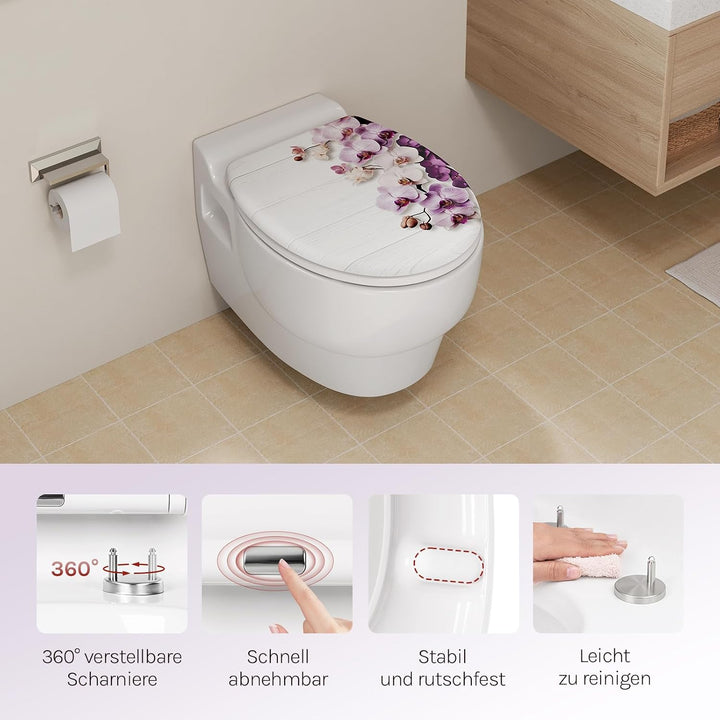 WOLTU WC Sitz mit Absenkautomatik, Toilettendeckel O-Form aus Duroplast Schmetterlingsorchidee, Schm