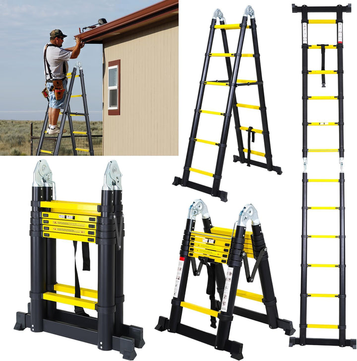 Teleskopleiter, 3.8M (1,9+1,9) Rutschfester Aluminium Stehleiter, 150 KG/330 Pfund Belastbarkeit Aus