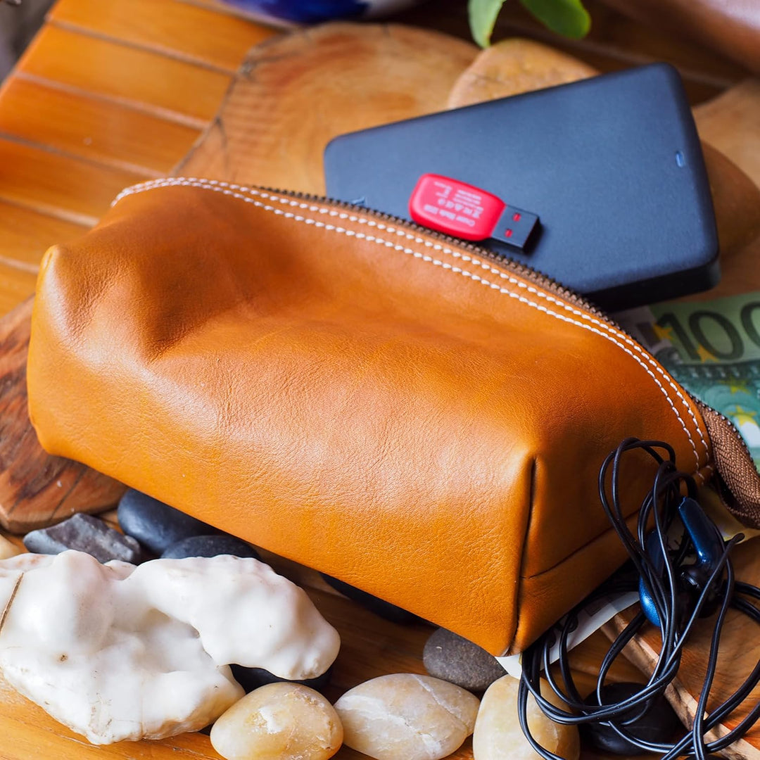 BAWAKO Premium Kosmetiktasche Schminktasche aus hochwertige Echtleder, Schickes Federmäppchen Kleine