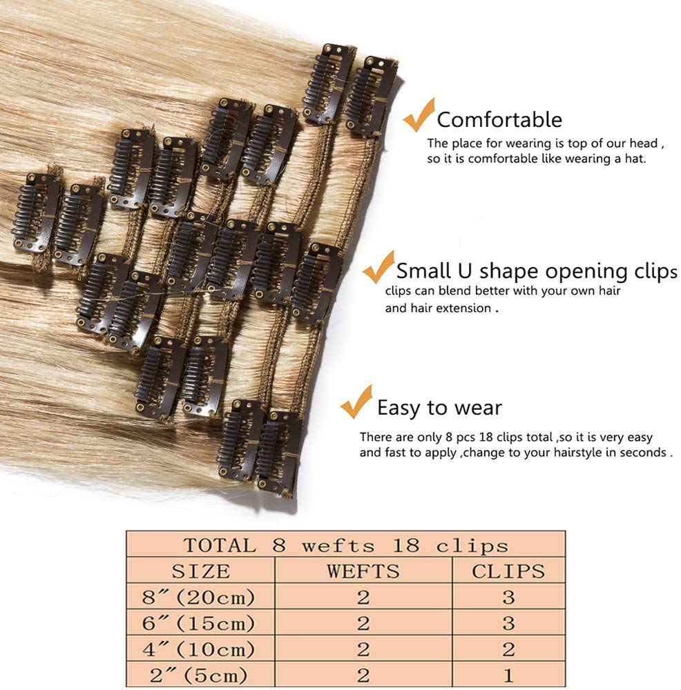 SEGO Extensions Clip in Echthaar 8 Pcs Remy Haarverlängerung Natürliche Haarteil glatt 100% Menschli