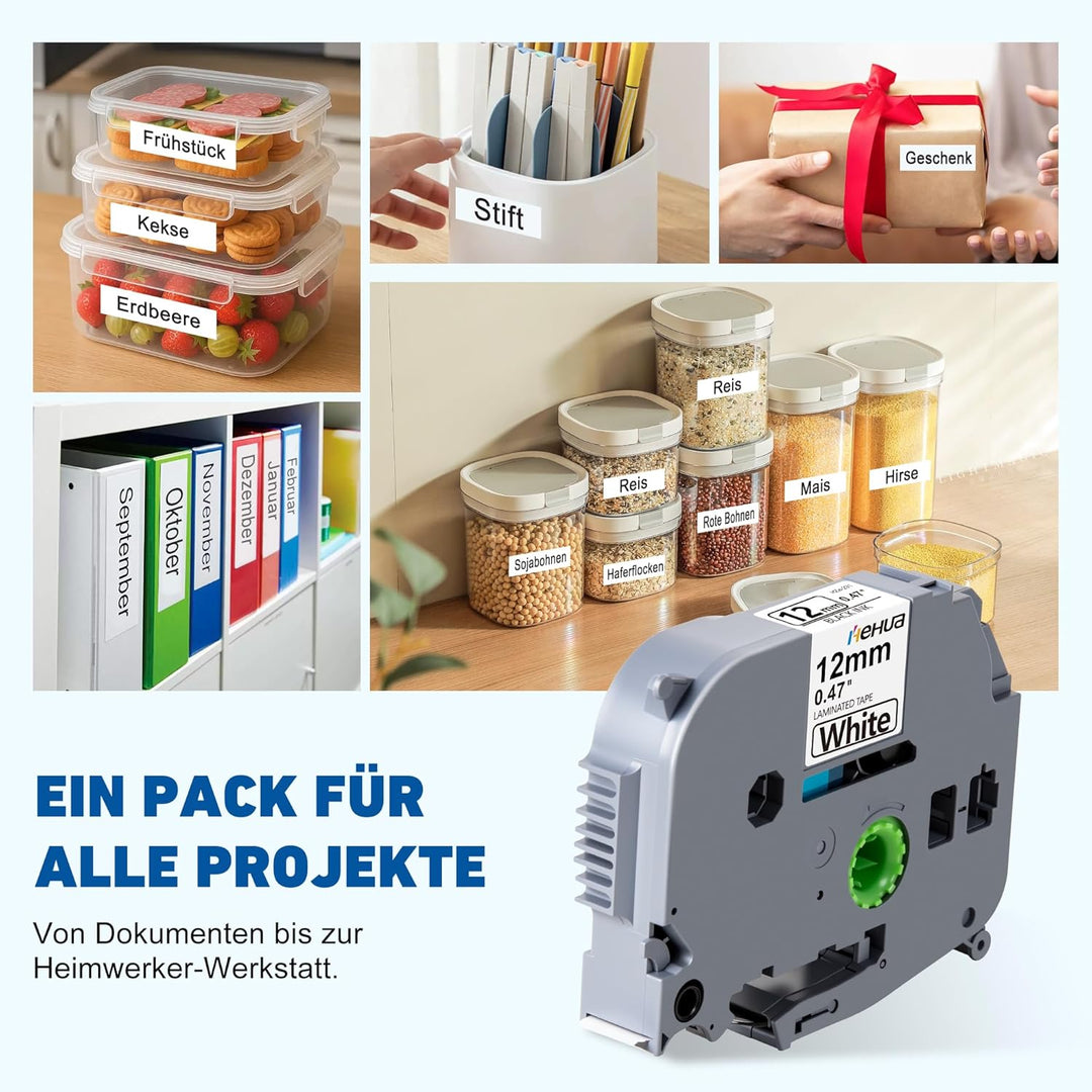 6x Hehua Kompatibel mit Brother P Touch Schriftband 12mm TZe131 TZe-231 TZe335, TZ Tape cassette 12m