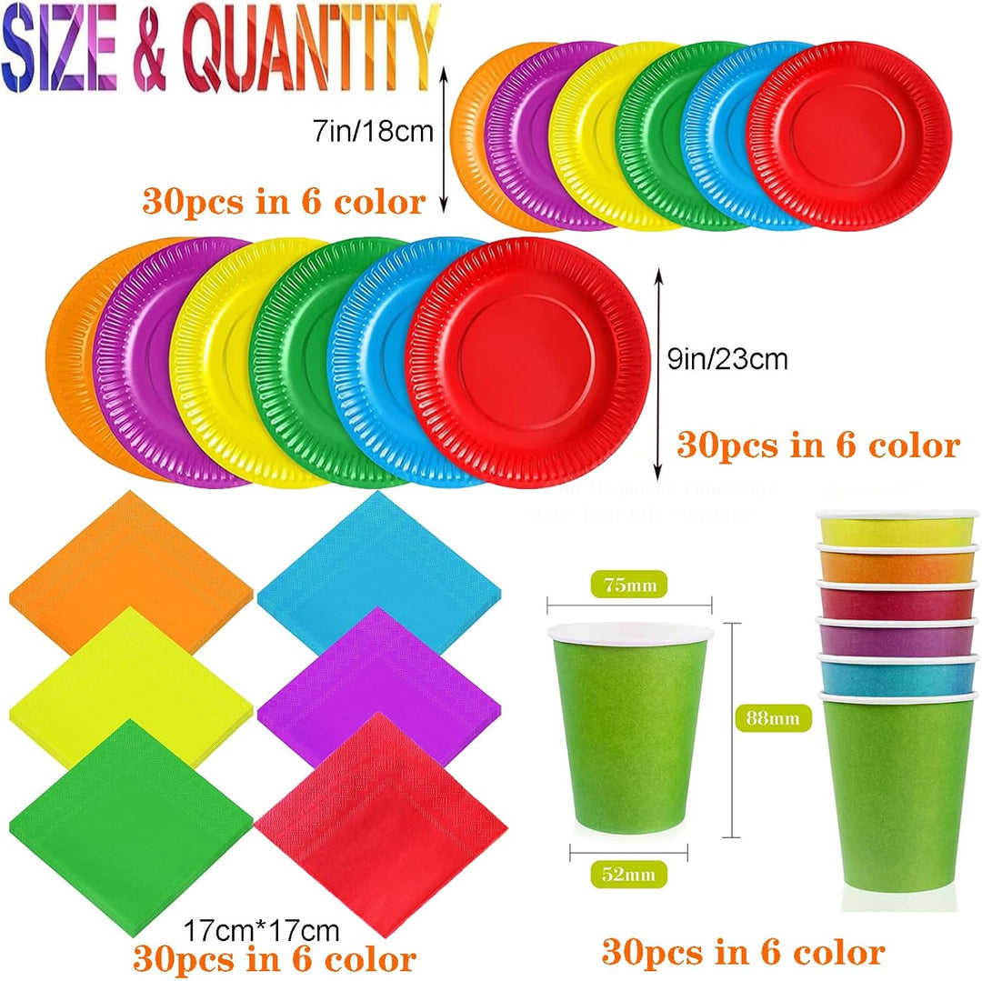 30 PCS + 90 Buntes Partygeschirr-Set in Regenbogenfarben, DIY Bunt Pappteller Bunt Party Pappteller,