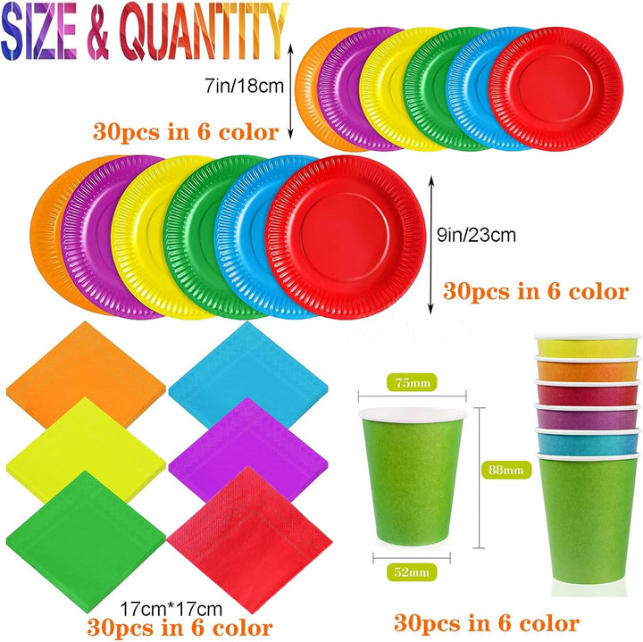 30 PCS + 90 Buntes Partygeschirr-Set in Regenbogenfarben, DIY Bunt Pappteller Bunt Party Pappteller,