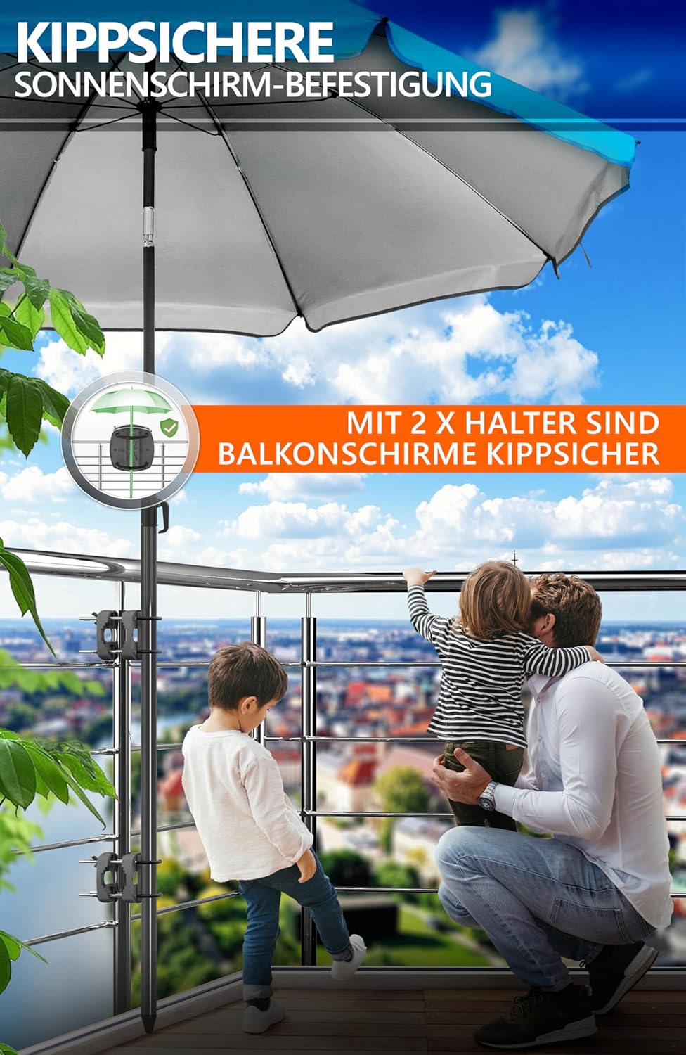 4smile Sonnenschirm Balkon SunnyJoy im 4er-Set - UPF 50+ Balkon Schirm + 2 x Sonnenschirmhalter Balk