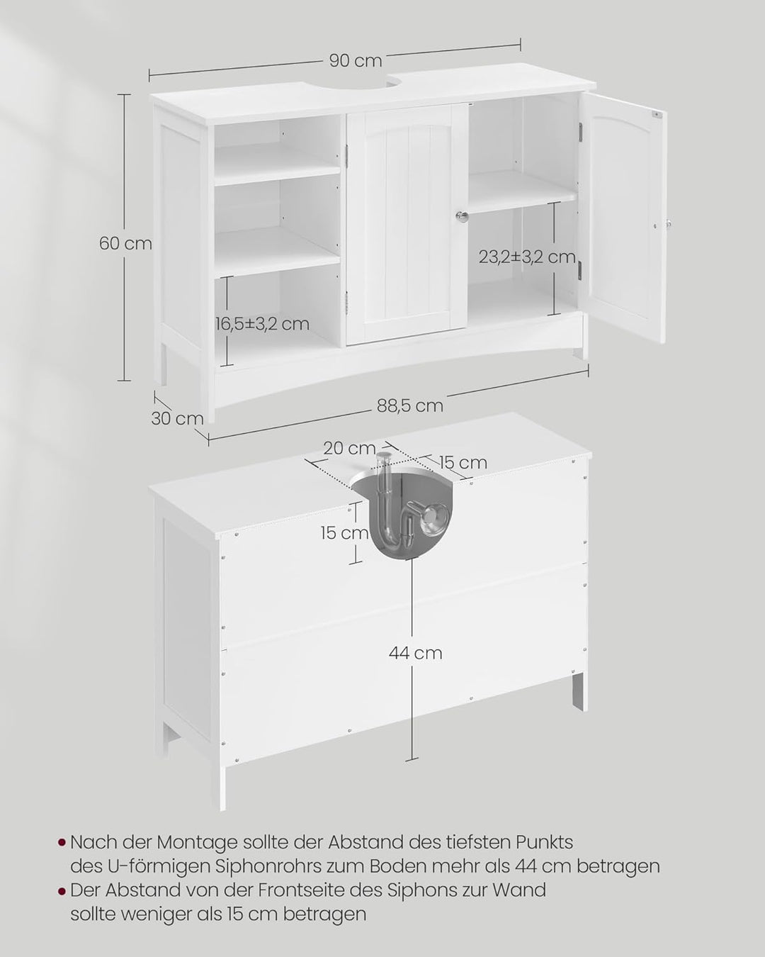 VASAGLE Waschbeckenunterschrank, Unterschrank, Badezimmerschrank, extra lang, 30 x 90 x 60 cm, 2 Tür