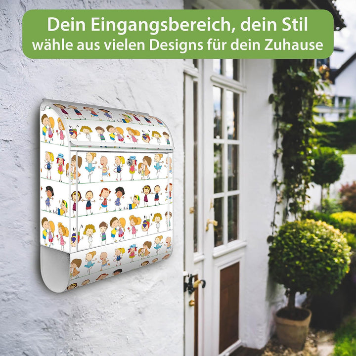 banjado® Design Briefkasten mit Motiv Kinder 39x47x14cm &amp; 2 Schlüssel - Briefkasten Stahl weiss mit