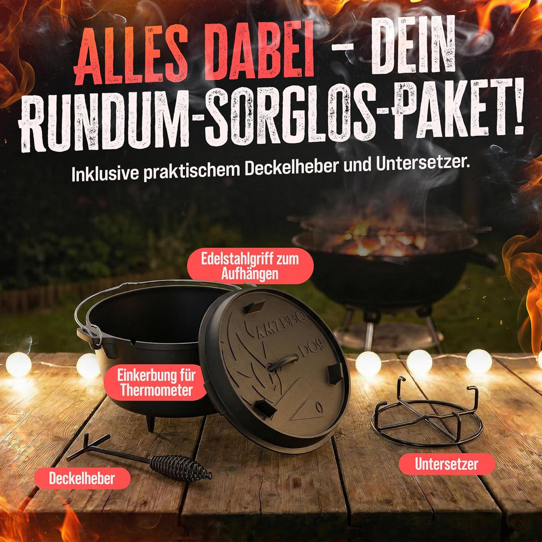 AMZBBQ® Premium Dutch Oven – Doppelt Eingebrannter Gusseisen Feuertopf – Rostbeständiger Schmortopf