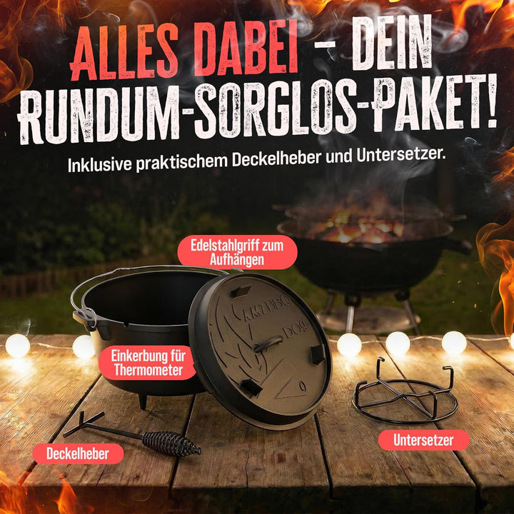 AMZBBQ® Premium Dutch Oven – Doppelt Eingebrannter Gusseisen Feuertopf – Rostbeständiger Schmortopf