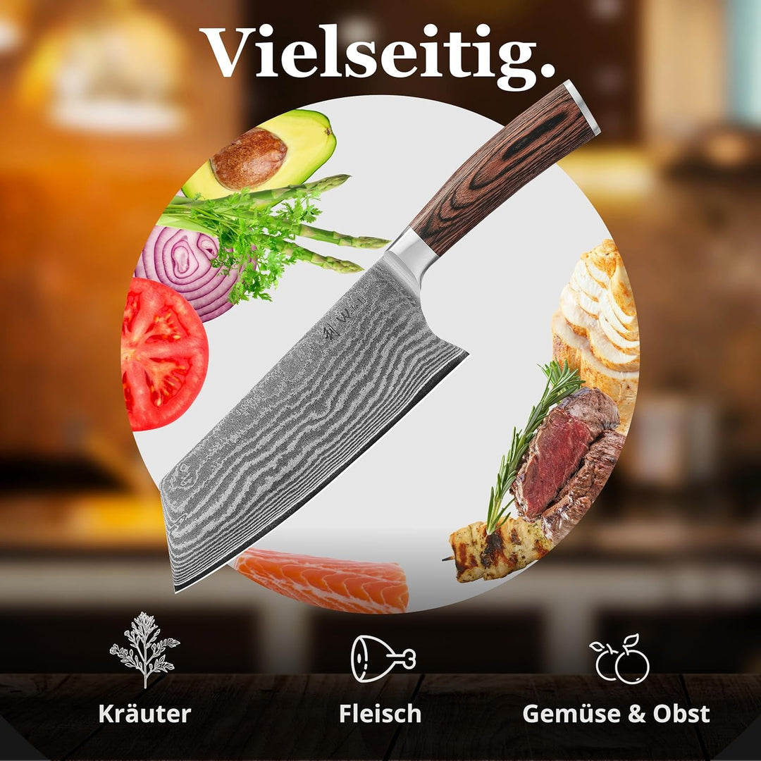 Wakoli EDIB Chinesisches Kochmesser aus echtem Damaststahl (VG10 Kern) mit 19 cm Klinge – Scharf & a
