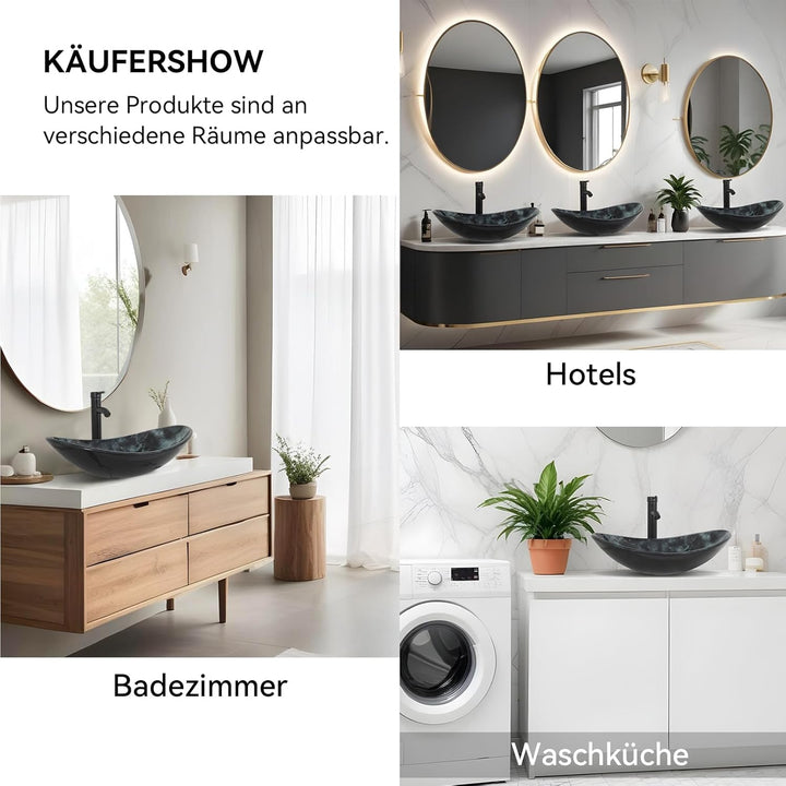 YU YUSING Waschbecken Glas Aufsatzwaschbecken Oval mit Wasserhahn Set, Waschtisch für Badezimmer Küc