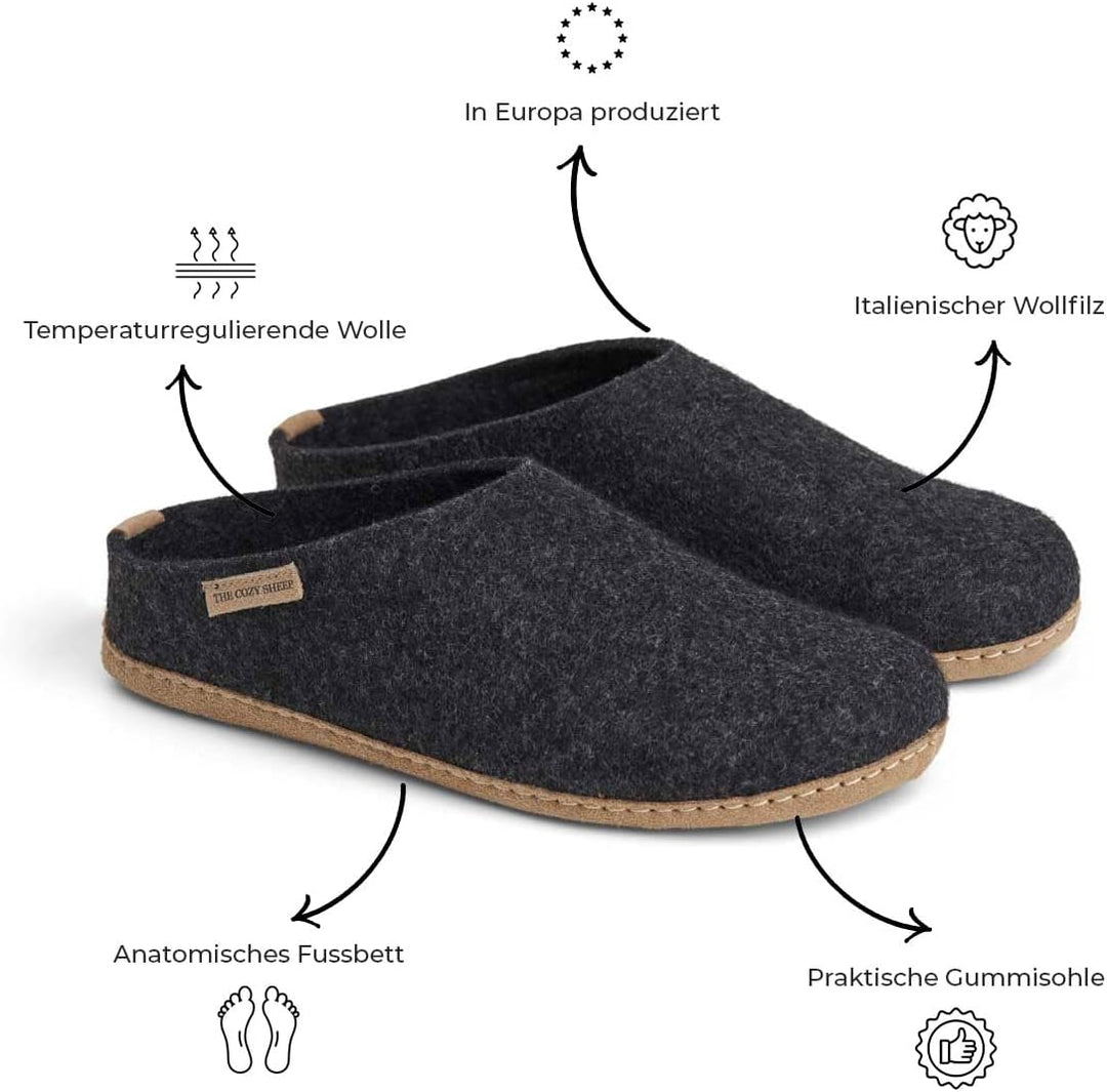 THE COZY SHEEP Filzpantoffeln mit Ledersohle 36 EU Dunkelgrau, 36 EU Dunkelgrau