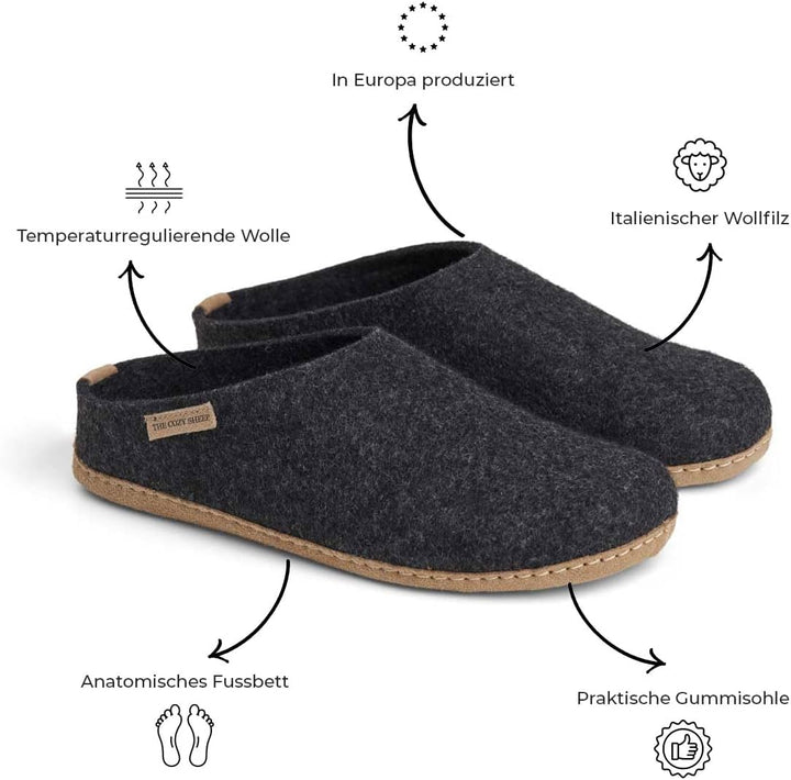 THE COZY SHEEP Filzpantoffeln mit Ledersohle 36 EU Dunkelgrau, 36 EU Dunkelgrau