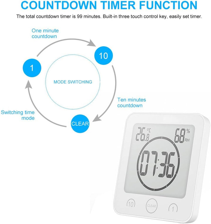 AOZBZ Duschwanduhr, Digitaler Küchentimer mit Alarm, Wasserdicht Touchscreen Timer, Temperatur Luftf
