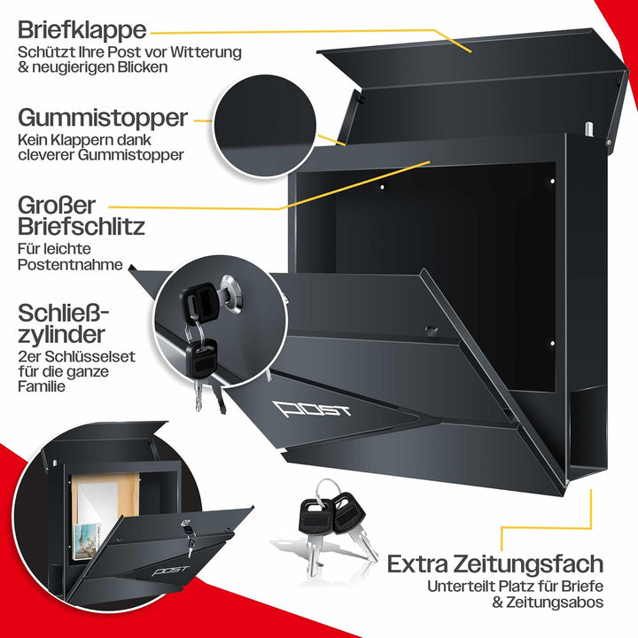 KESSER® Briefkasten mit Zeitungsfach Wandmontage Wandbriefkasten Edelstahl, 2X Schlüssel abschliessb