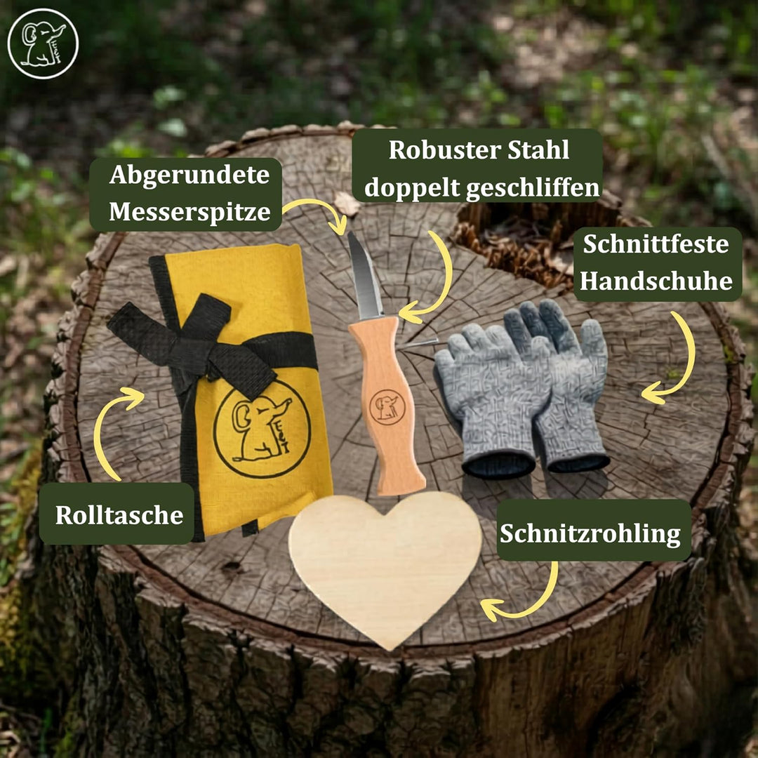 Eli® Schnitzmesser Kinder Set ab 6 Jahre inkl. Schnitzholz und schnittfeste Handschuhe - hochwertige