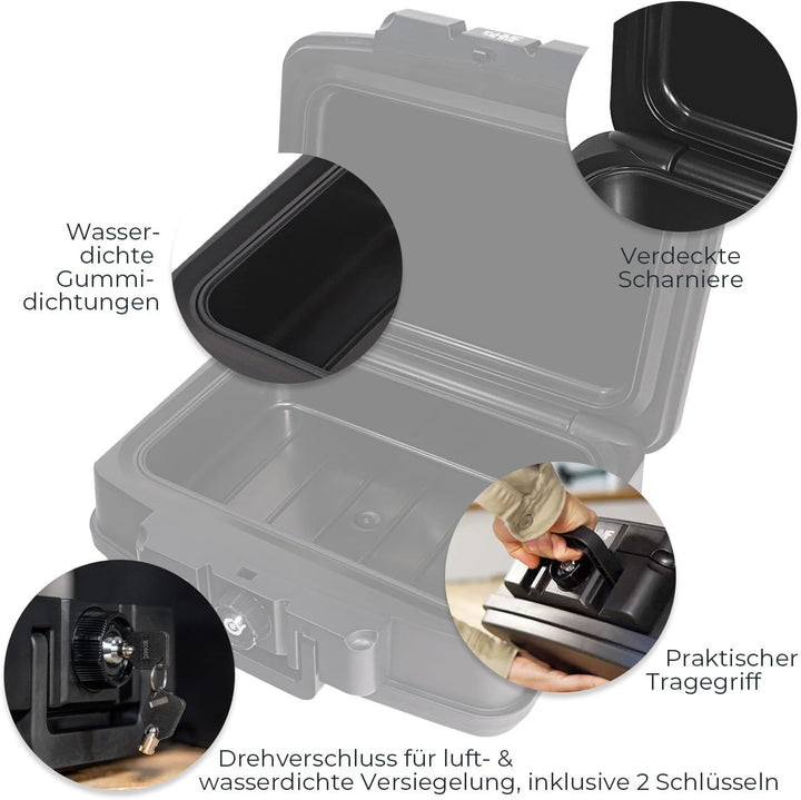 HMF 250452 Feuerfeste Wasserdichte Dokumentenbox | DIN A4 | 44,5 x 16,5 x 33 cm | schwarz