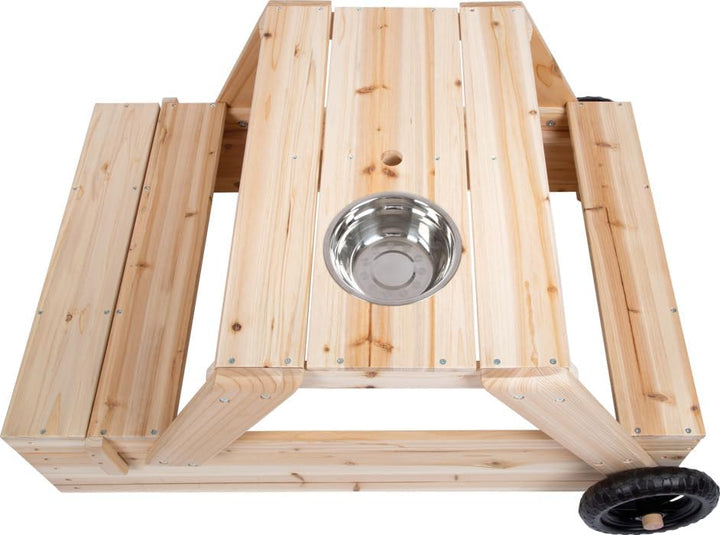 Small Foot Sandkasten mit Sitzgruppe und Matschtisch aus Holz, 3-in-1 Sandkiste zum Zusammenschieben