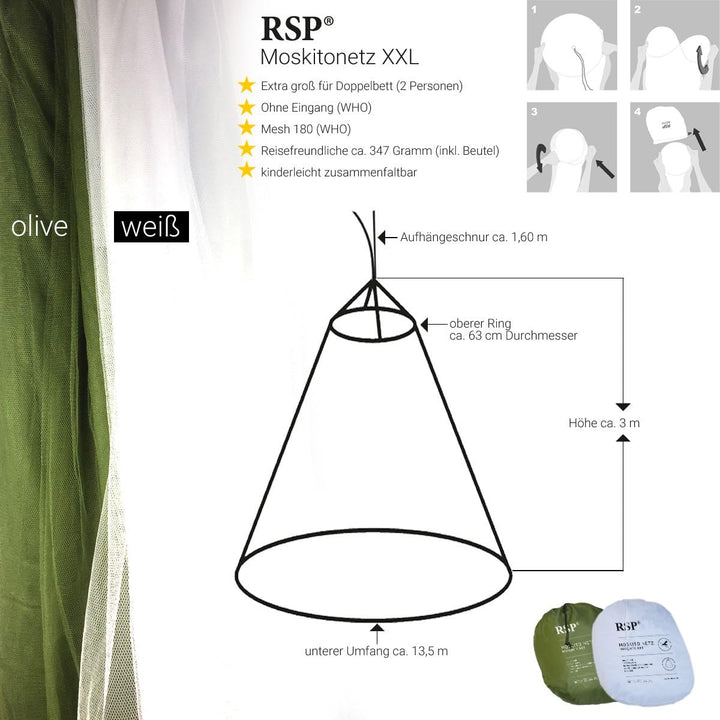 RSP Moskitonetz Travel/Home XXL auch für Doppelbetten - 65 x 300 x 1350 cm - das Orginale (Grün)