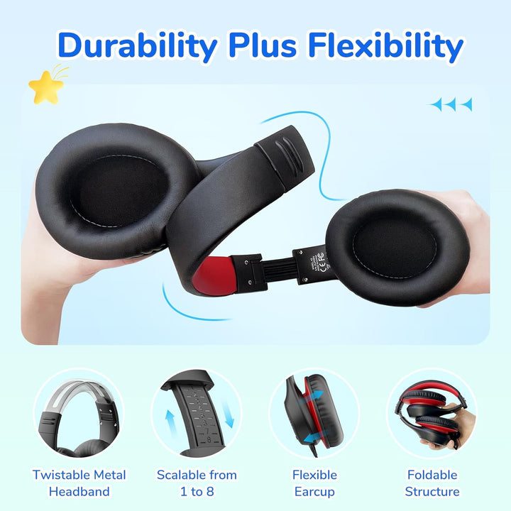 EarFun Kinder Kopfhörer mit LED-Leuchten, USB-C Kabel, 85dB Lautstärkenbegrenzer, HD-Mikrofon, Faltb