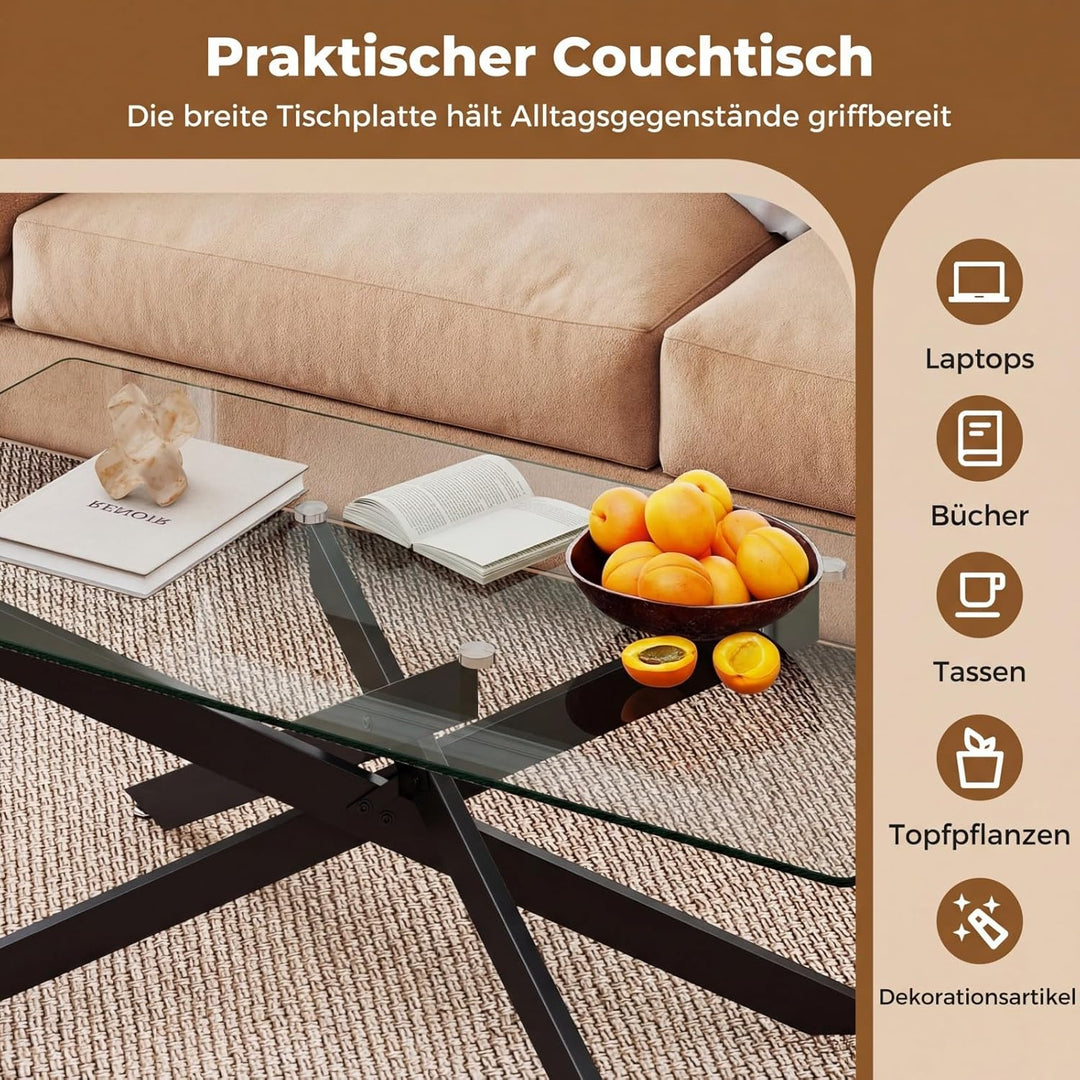 COSTWAY Couchtisch aus gehärtetem Glas, rechteckiger Glastisch mit Metall-Rohrrahmen, Wohnzimmertisc